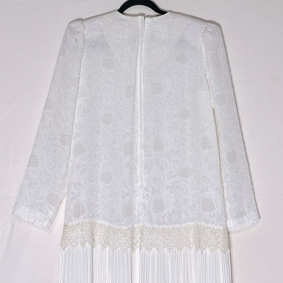 Vintage White Long Sleeve Pleated Midi Shift Bride Mother Of The Bride Dress M - Picture 15 of 16